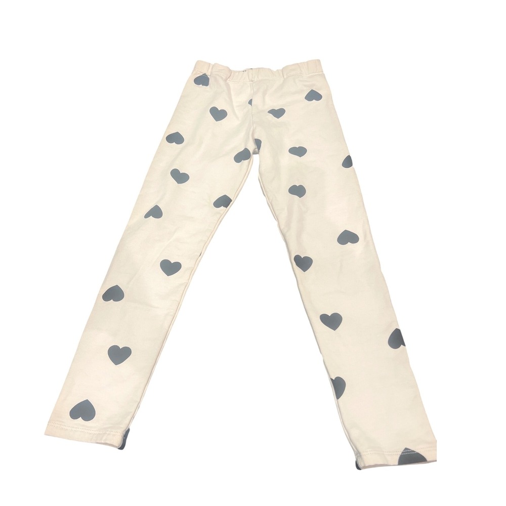 HM Girls White Heart Print Leggings Size 8-9Y Elastic Waist Cotton Blend Pants